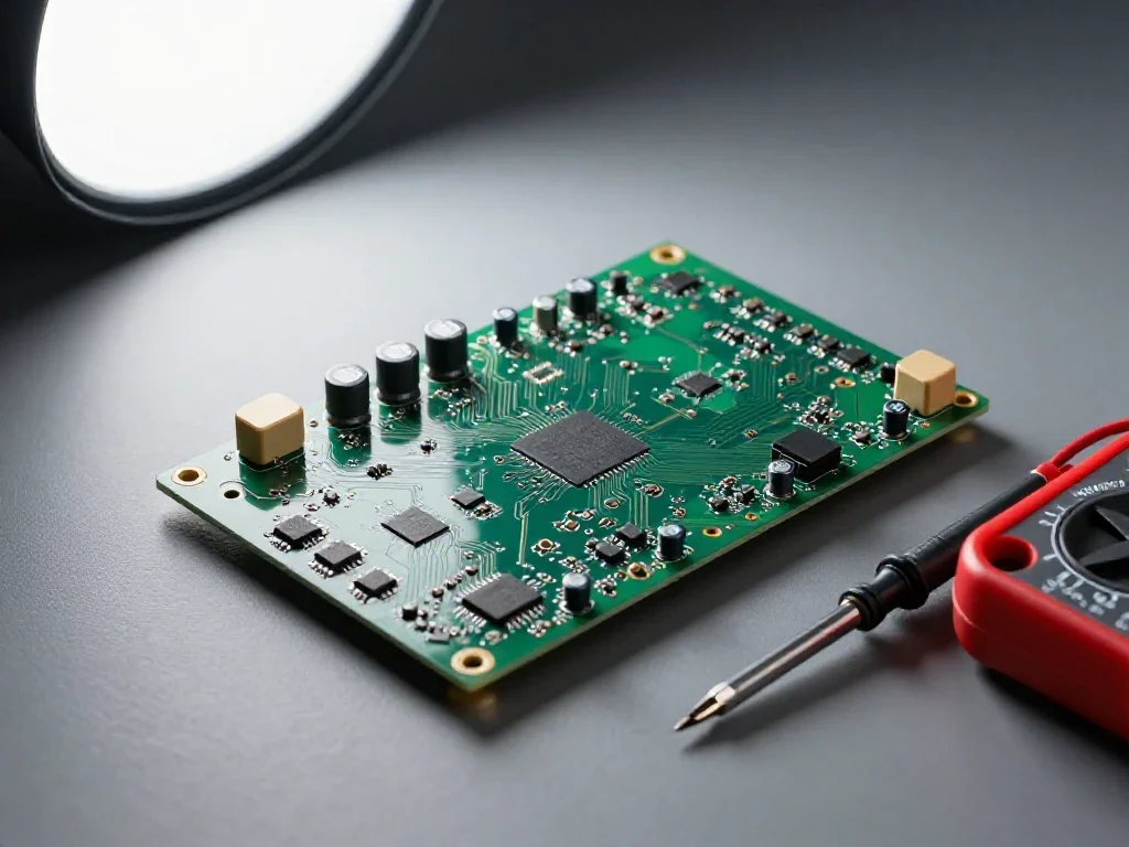 Circuit imprimé détaillé symbolisant l'analyse des composants du quotidien, une rubrique après l'autre.