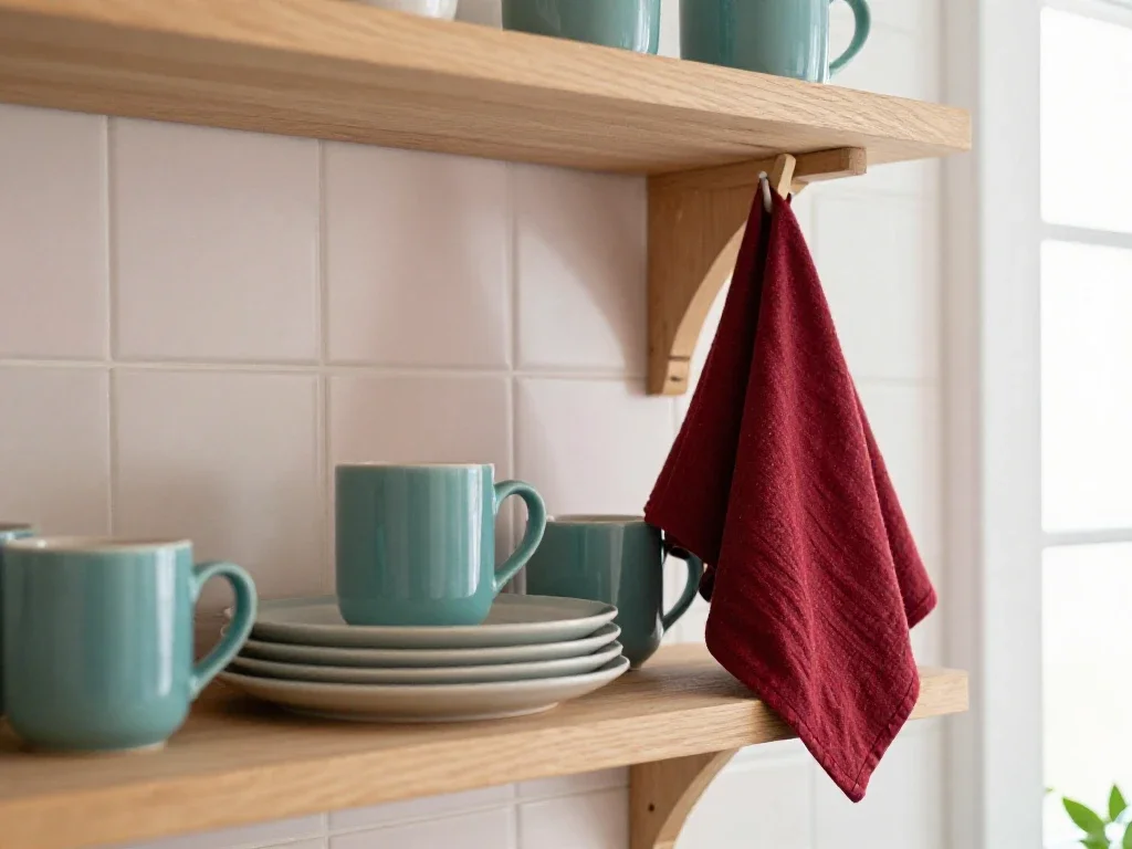 Cuisine ordonnée avec ustensiles et mugs colorés illustrant une organisation quotidienne harmonieuse.