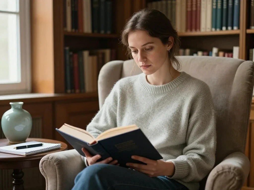 Une lectrice française de type européen s'informant dans une bibliothèque pour comprendre le quotidien.