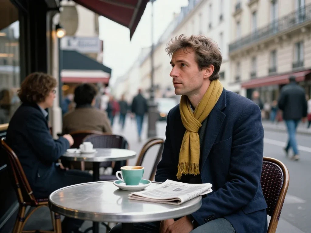 Un homme observe la rue animée depuis une terrasse de café pour mieux saisir l'actualité.