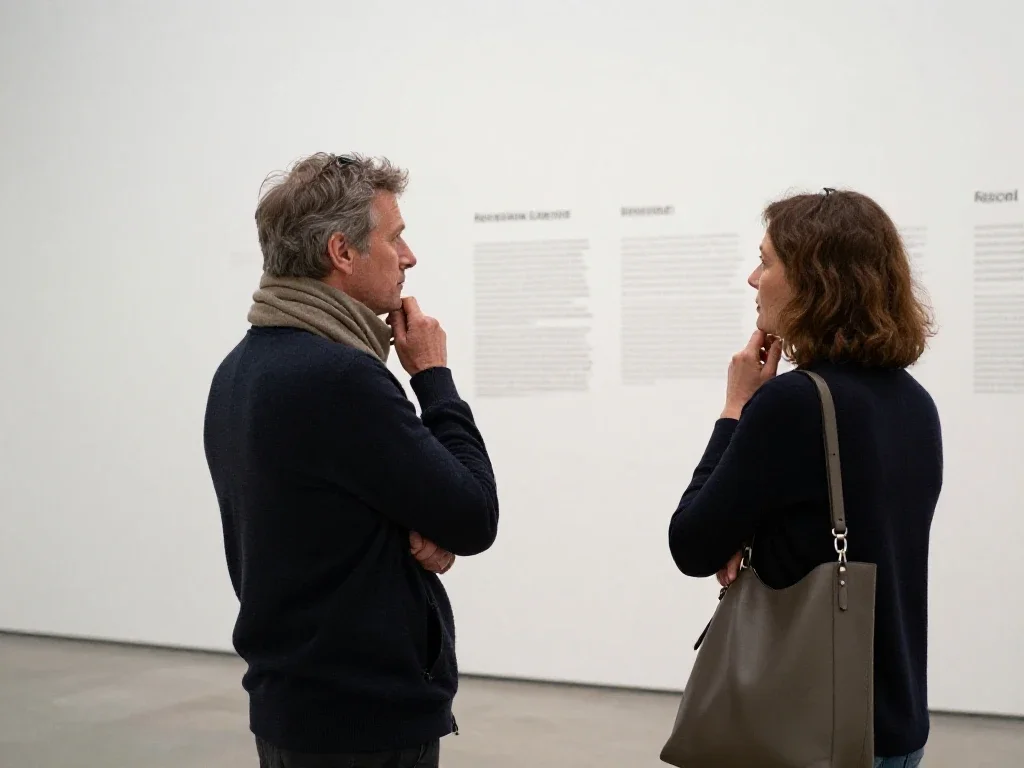 Visiteurs français examinant une exposition culturelle pour décrypter les thématiques du quotidien moderne.